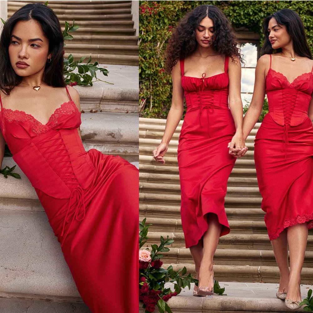 HOUSE OF CB 'Salma' Red Rose Satin Slip Dress NWOT - Picture 5 of 11